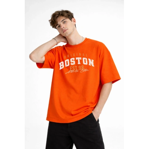 Boston - Baskılı Oversize Tişört TURUNCU
