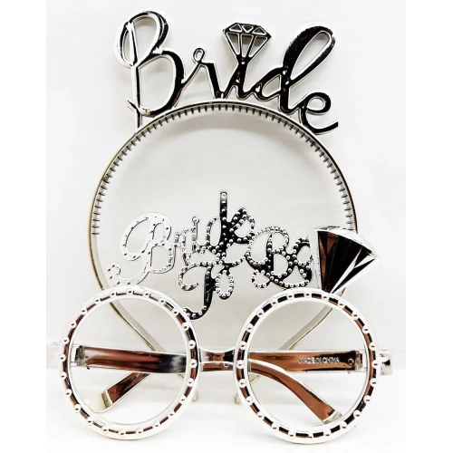 Bride Yazılı Taç ve Bride To Be Yazılı Gözlük Seti Gümüş Renk (5365)