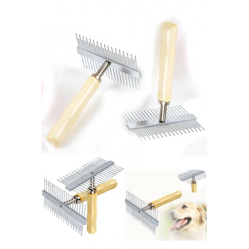 BUFFER® Çift Taraflı Ahşap Saplı Ergonomik Evcil Hayvan Fırçası Tarağı