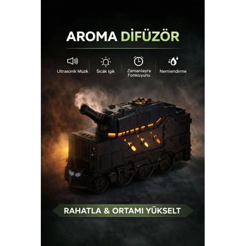 Buhar Efektli Zırhlı Tren Tasarımlı Aromaterapi Hava Nemlendirici – LED Işıklı, Sessiz ve USB Şarjlı