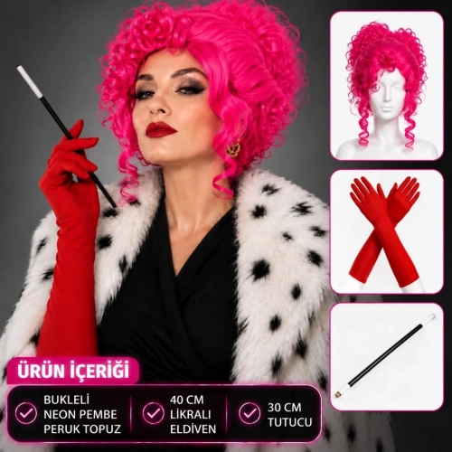 Bukleli Neon Pembe Peruk Ve Kırmızı Eldiven Seti 3 Parça