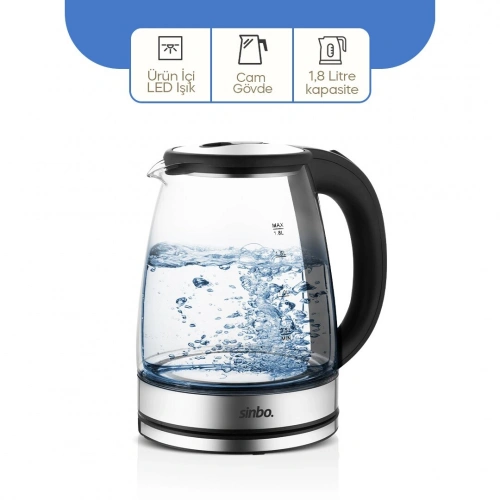 CAM - LEDLİ KETTLE 1.8LT GİZLİ REZİSTANS - KABLOSUZ 360 DERECE GÖVDE 1500W SK-8033 (5365)