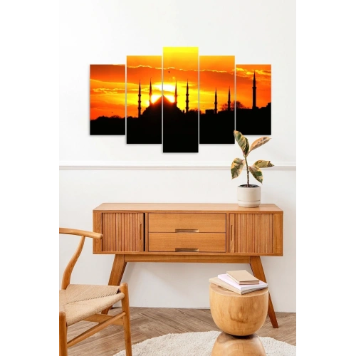 Camii Manzarası Güneş 5 Parçalı Mdf Tablo 60 x 100