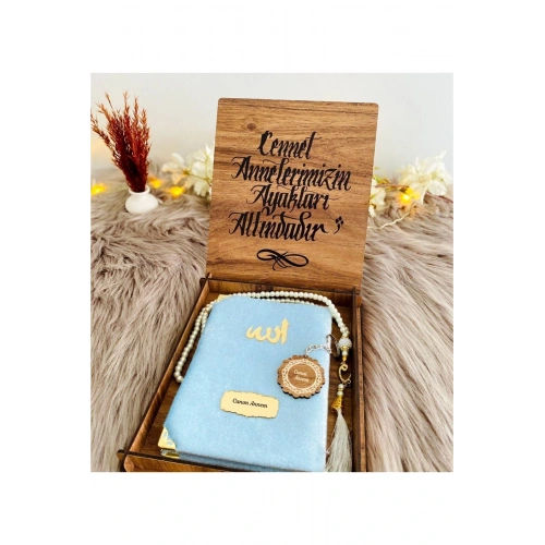 Canım Annem Ahşap Kutulu Anahtarlıklı Mavi Yasin-i Şerif Seti