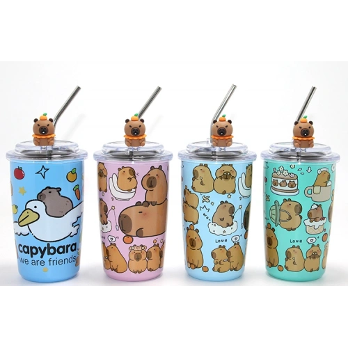 Capybara Figürlü Isı Muhafazalı Metal Pipetli Paslanmaz Çelik Kupa