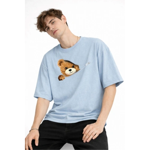 CH - Bear Baskılı Oversize Tişört AÇIK MAVİ