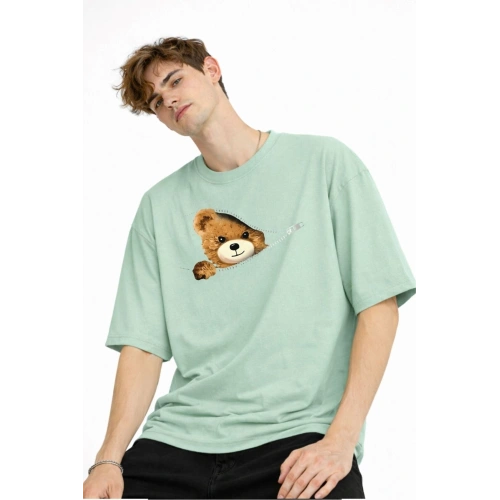 CH - Bear Baskılı Oversize Tişört SU YESILI