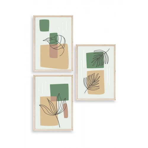 Çiçek Desenli Üçlü Ahşap Çerçeveli Tablo 17 x 23