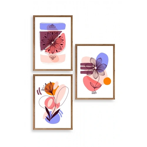 Çiçek Desenli Üçlü Ahşap Çerçeveli Tablo 17 x 23