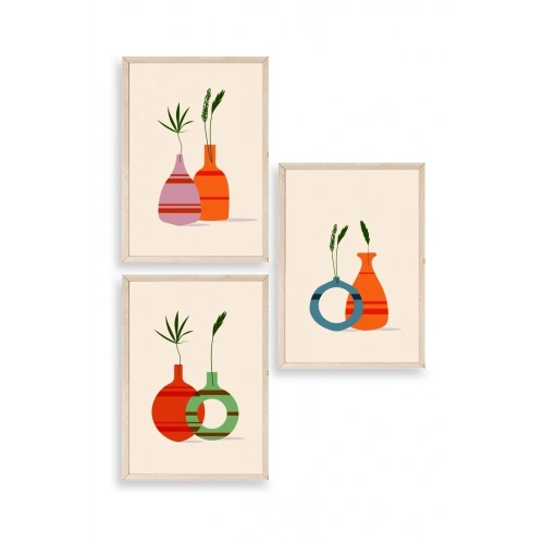 Çiçek Desenli Üçlü Ahşap Çerçeveli Tablo 23 x 30