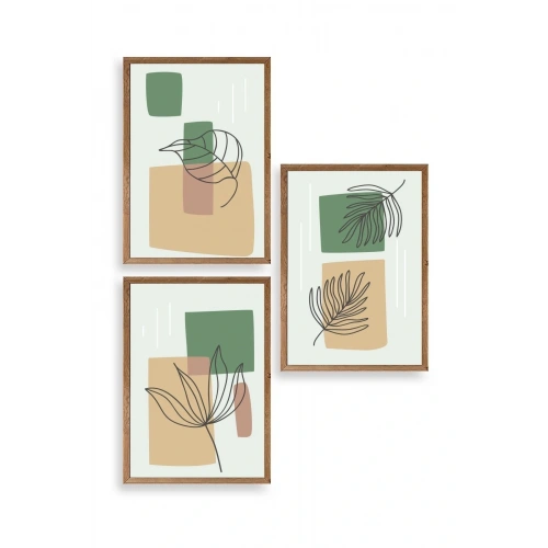 Çiçek Desenli Üçlü Ahşap Çerçeveli Tablo 23 x 30