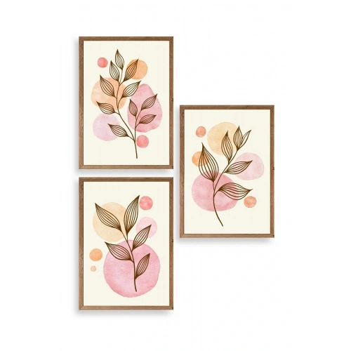 Çiçek Desenli Üçlü Ahşap Çerçeveli Tablo 23 x 30