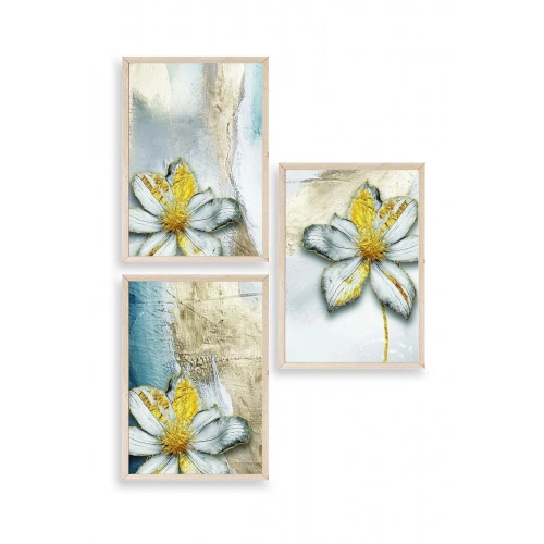 Çiçek Desenli Üçlü Ahşap Çerçeveli Tablo 23 x 30