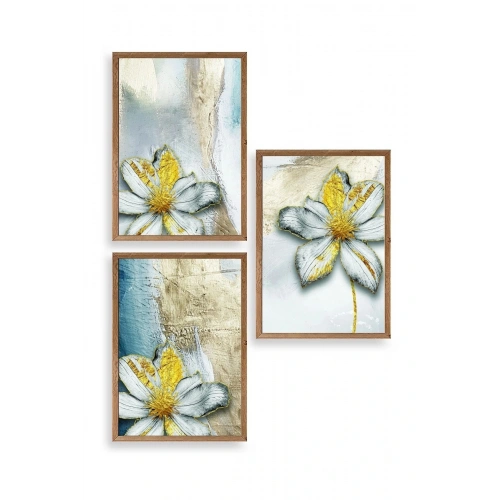 Çiçek Desenli Üçlü Ahşap Çerçeveli Tablo 30 x 42