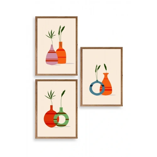 Çiçek Desenli Üçlü Ahşap Çerçeveli Tablo 50 x 70