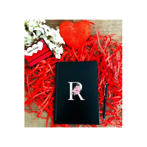 Çiçek Harf Baskılı Ahşap Defter Kalem Seti - Siyah