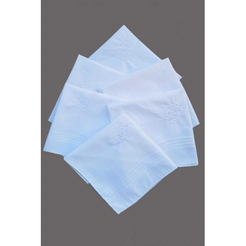 Flower Embroidered Set of 6 Womens White Handkerchief 28x28 cm 100% Cotton