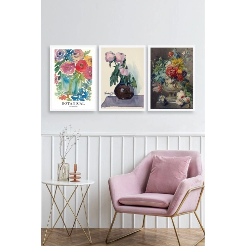 Çiçek Üçlü Ahşap Çerçeveli Tablo 23 x 30