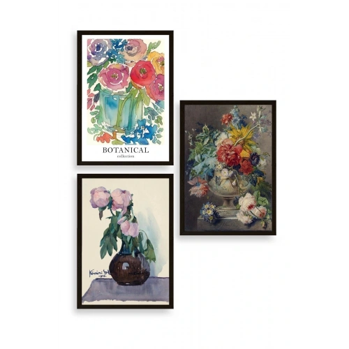 Çiçek Üçlü Ahşap Çerçeveli Tablo 40 x 60