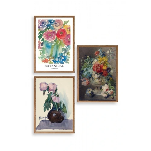 Çiçek Üçlü Ahşap Çerçeveli Tablo 40 x 60