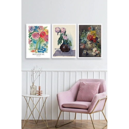 Çiçek Üçlü Ahşap Çerçeveli Tablo 50 x 70