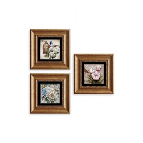 Çiçekler 3 lü Set Çerçeveli Taş Tablo 20 cm
