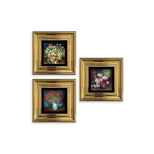 Çiçekler 3 lü Set Çerçeveli Taş Tablo 20 cm