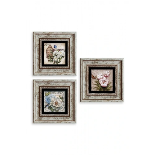 Çiçekler 3 lü Set Çerçeveli Taş Tablo 20 cm