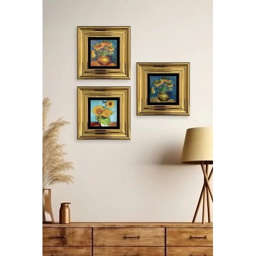 Çiçekler 3 lü Set Çerçeveli Taş Tablo 20 cm