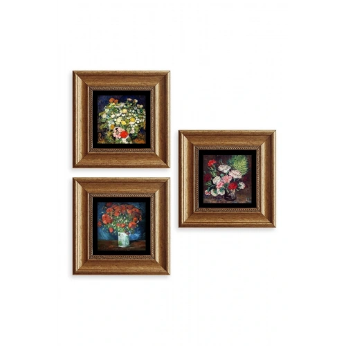 Çiçekler 3 lü Set Çerçeveli Taş Tablo 20 cm