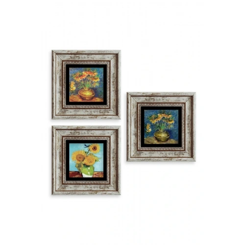 Çiçekler 3 lü Set Çerçeveli Taş Tablo 20 cm
