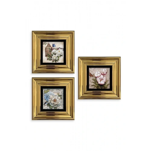 Çiçekler 3 lü Set Çerçeveli Taş Tablo 20 cm