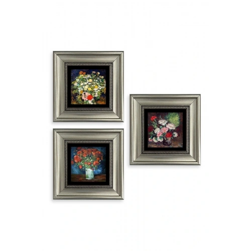 Çiçekler 3 lü Set Çerçeveli Taş Tablo 20 cm