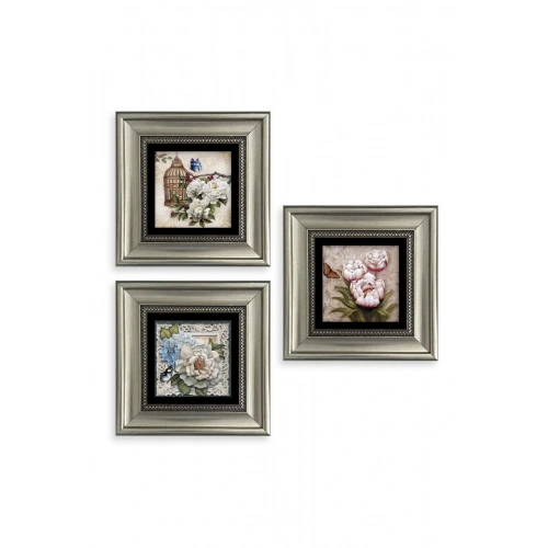 Çiçekler 3 lü Set Çerçeveli Taş Tablo 20 cm