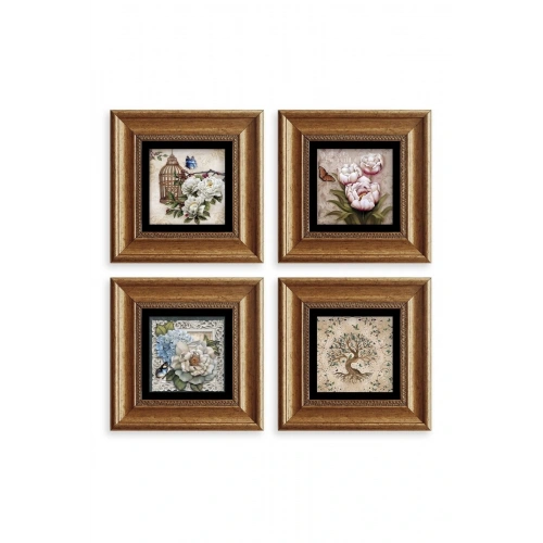Çiçekler 4 lü Set Çerçeveli Taş Tablo 20 cm