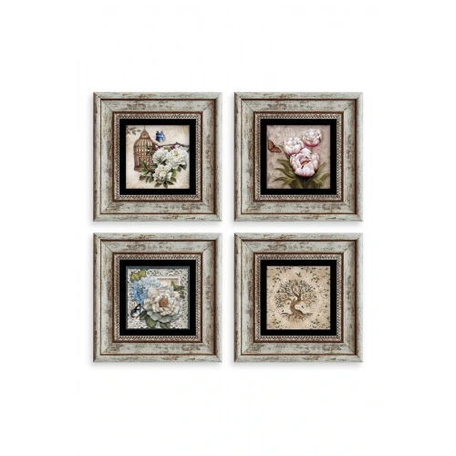 Çiçekler 4 lü Set Çerçeveli Taş Tablo 20 cm