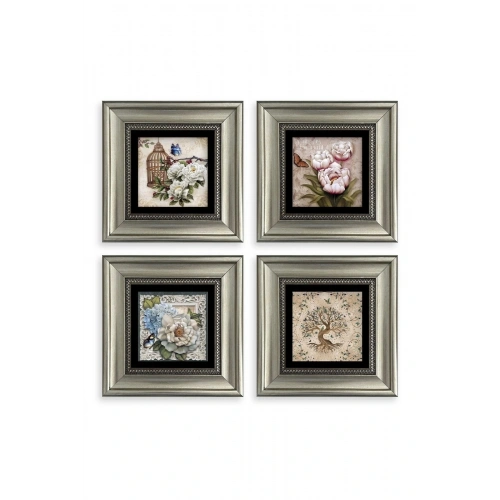 Çiçekler 4 lü Set Çerçeveli Taş Tablo 20 cm