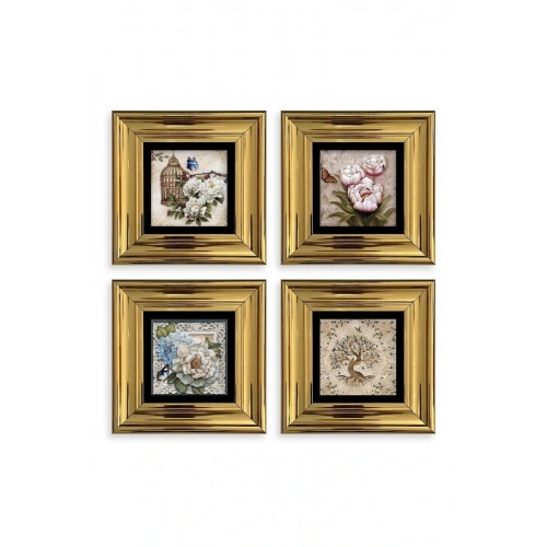 Çiçekler 4 lü Set Çerçeveli Taş Tablo 20 cm