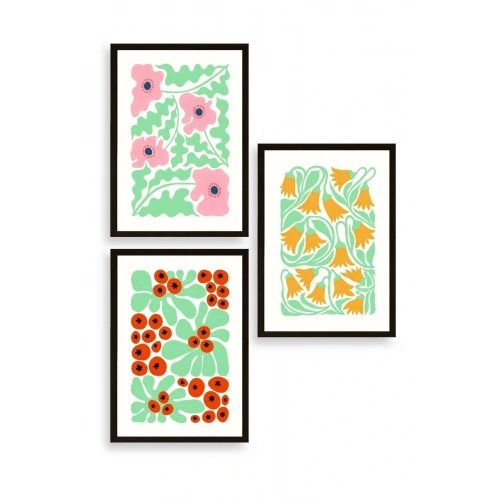 Çiçekler Üçlü Ahşap Çerçeveli Tablo 23 x 30