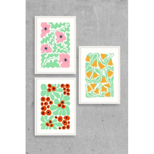 Çiçekler Üçlü Ahşap Çerçeveli Tablo 23 x 30