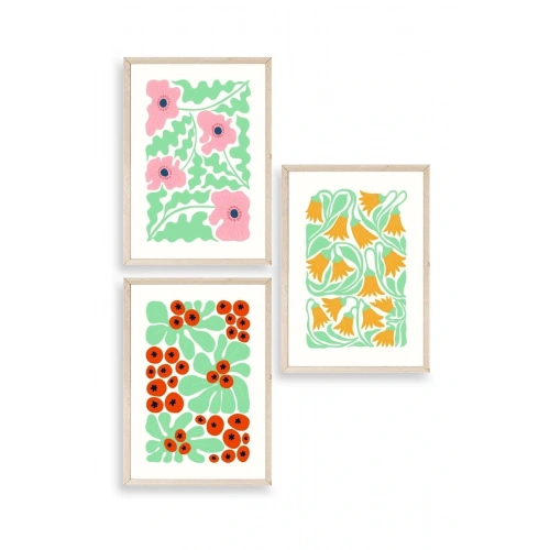 Çiçekler Üçlü Ahşap Çerçeveli Tablo 30 x 40