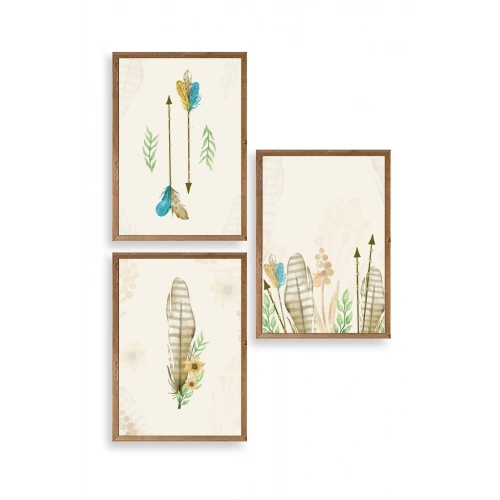 Çiçekli Desenler Üçlü Ahşap Çerçeveli Tablo 17 x 23