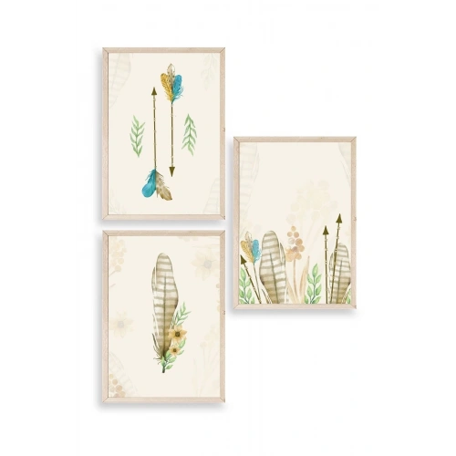 Çiçekli Desenler Üçlü Ahşap Çerçeveli Tablo 23 x 30