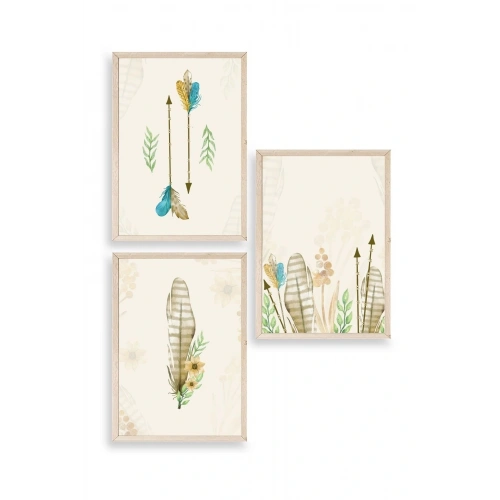 Çiçekli Desenler Üçlü Ahşap Çerçeveli Tablo 23 x 30