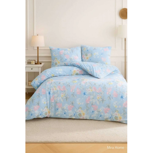 Çift Kişilik Pamuklu Nevresim Takımı Mavi Çiçek Desenli