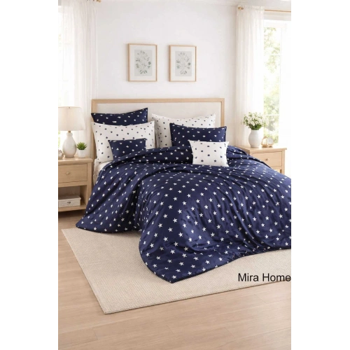 Çift Kişilik Yıldız Desenli Nevresim Takımı Pamuklu Lacivert/Beyaz