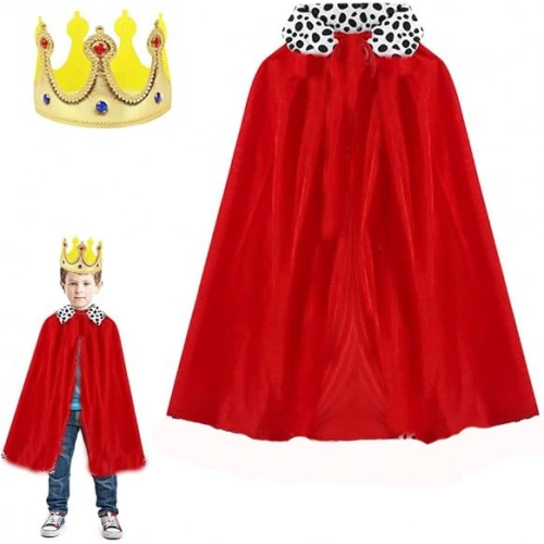 Çocuk Boy Kral Pelerini 90 cm ve Yumuşak Eva Kral Tacı Altın Renk (5365)