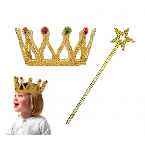 Çocuk Boy Kraliçe Prenses Tacı ve Yıldız Peri Asası Altın Renk (5365)