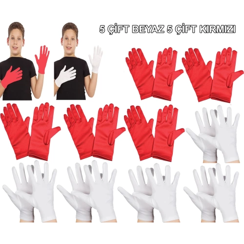 Çocuk Gösteri Eldiven Seti – 5 Çift Beyaz ve 5 Çift Kırmızı