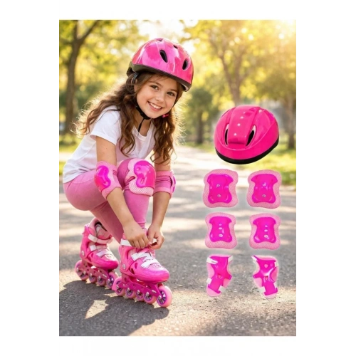 Çocuklar İçin Pembe Kask Ve Dizlik Seti